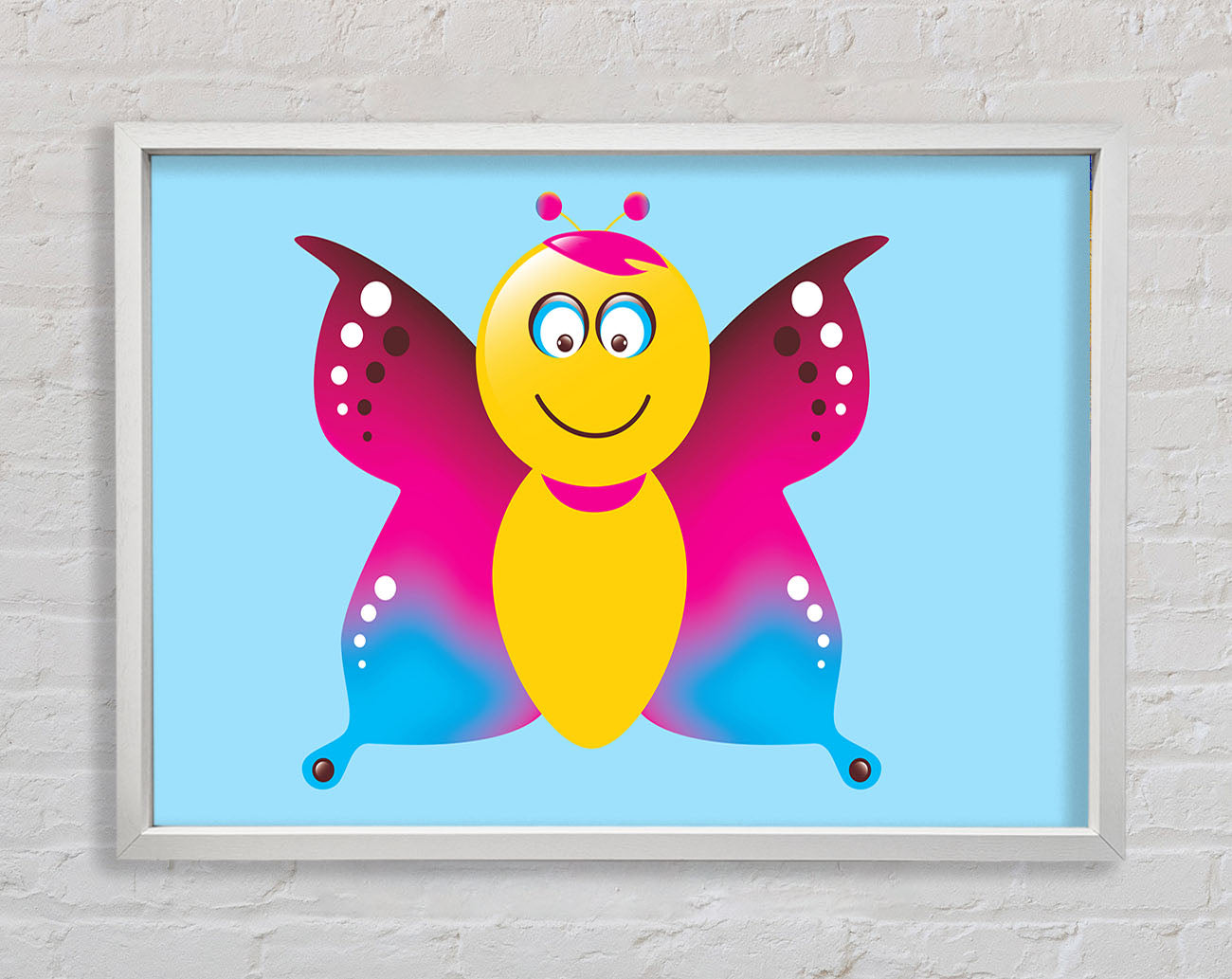 Butterfly Cartoon Face Baby Blue Framed Wall Art