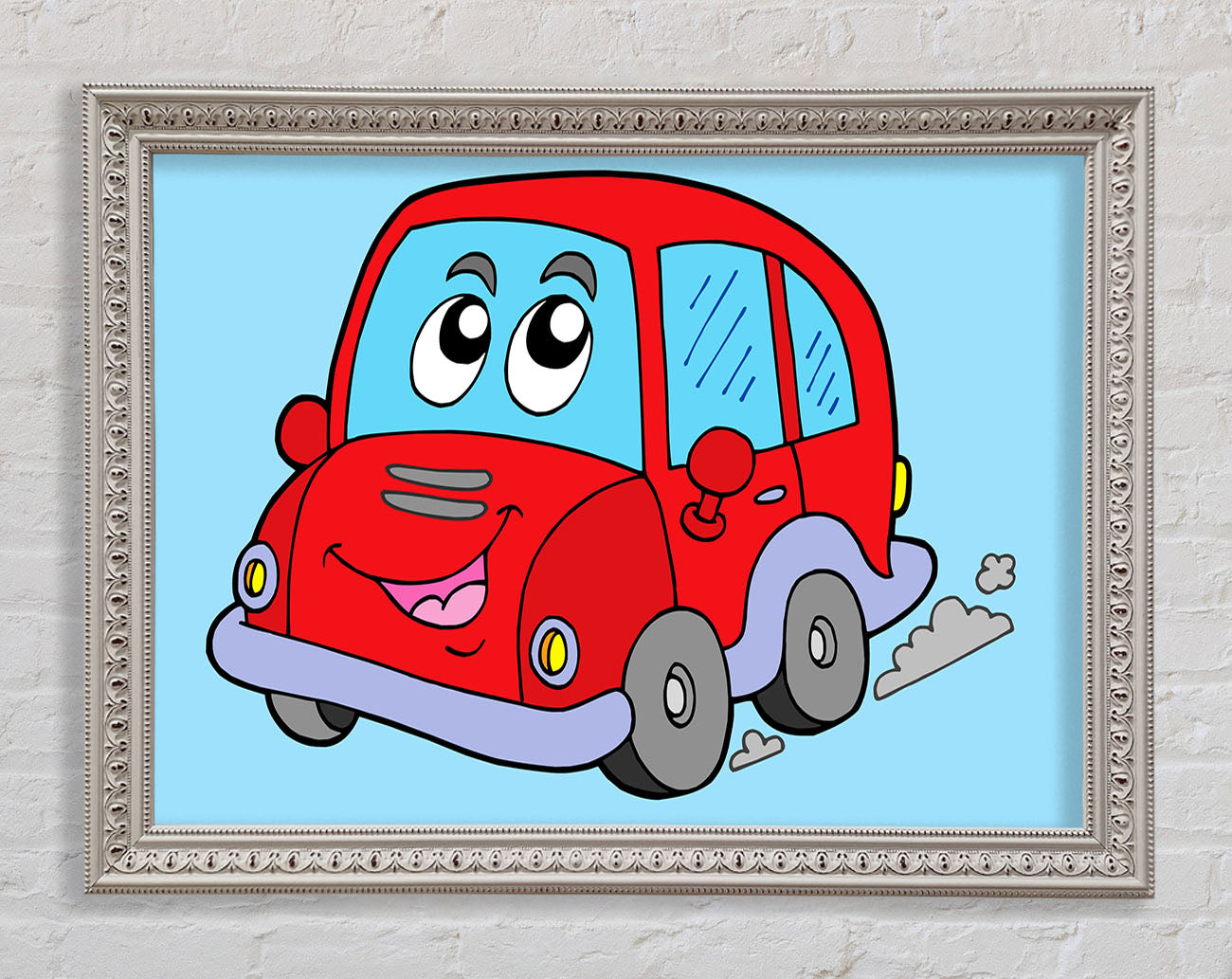 Car With Face Smokey Baby Blue Framed Wall Art