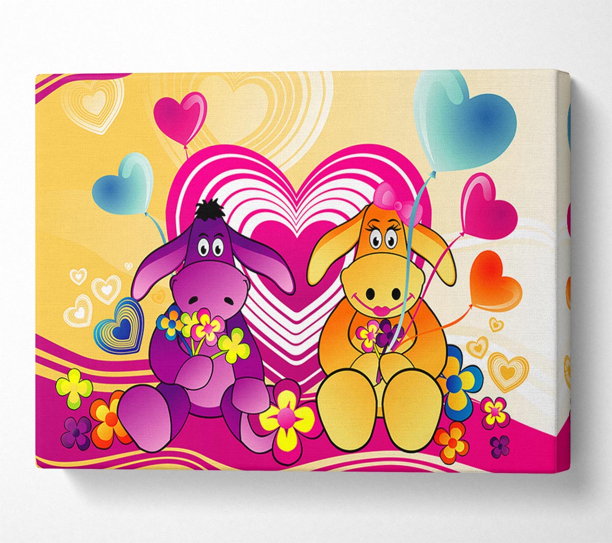Donkeys And Hearts Celebration White Canvas Wall Art