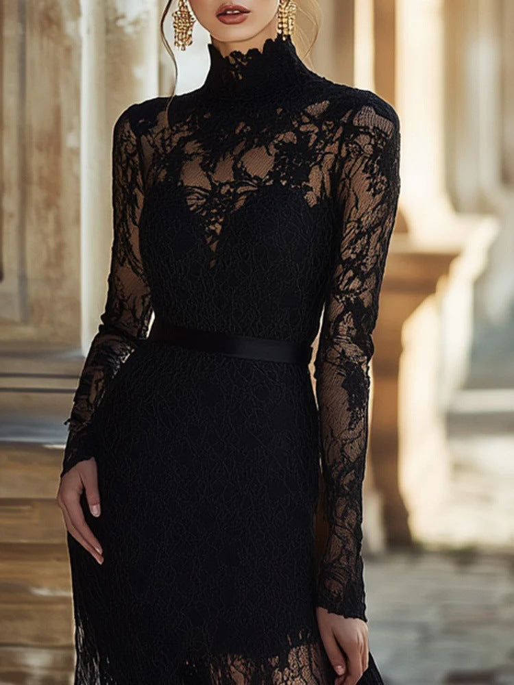 Women's Solid-color Hollow-out Vintage Stand-collar Long-sleeve Lace Maxi Dress With A Fitted Waist