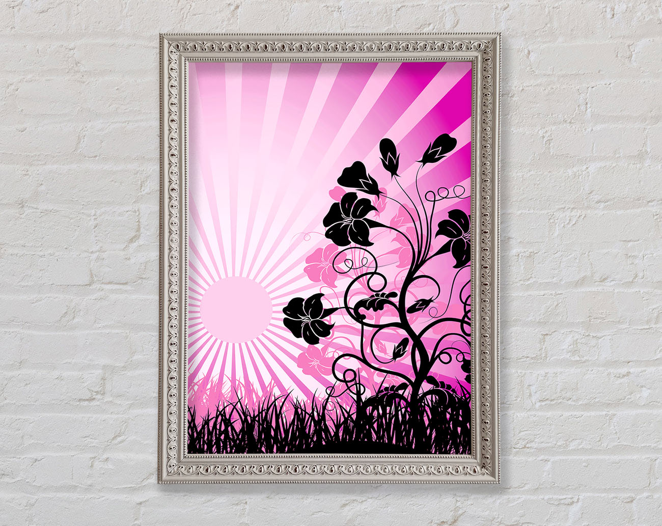 Black Flowers Pink Sunrays Framed Wall Art