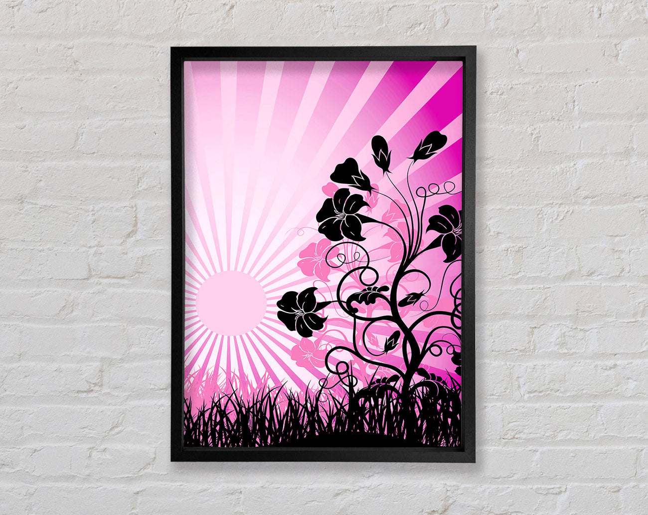 Black Flowers Pink Sunrays Framed Wall Art