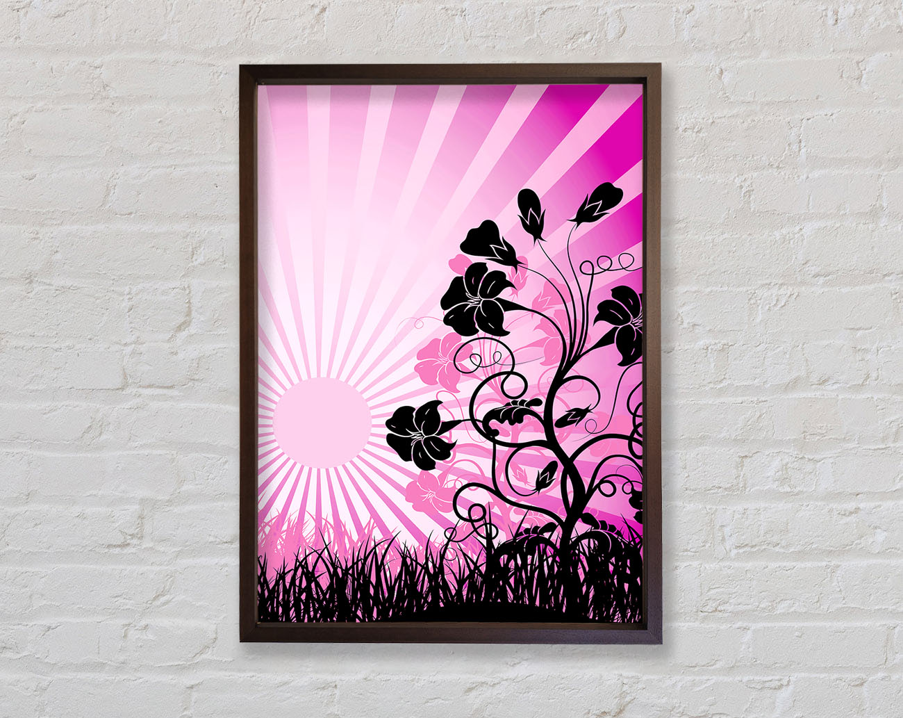 Black Flowers Pink Sunrays Framed Wall Art