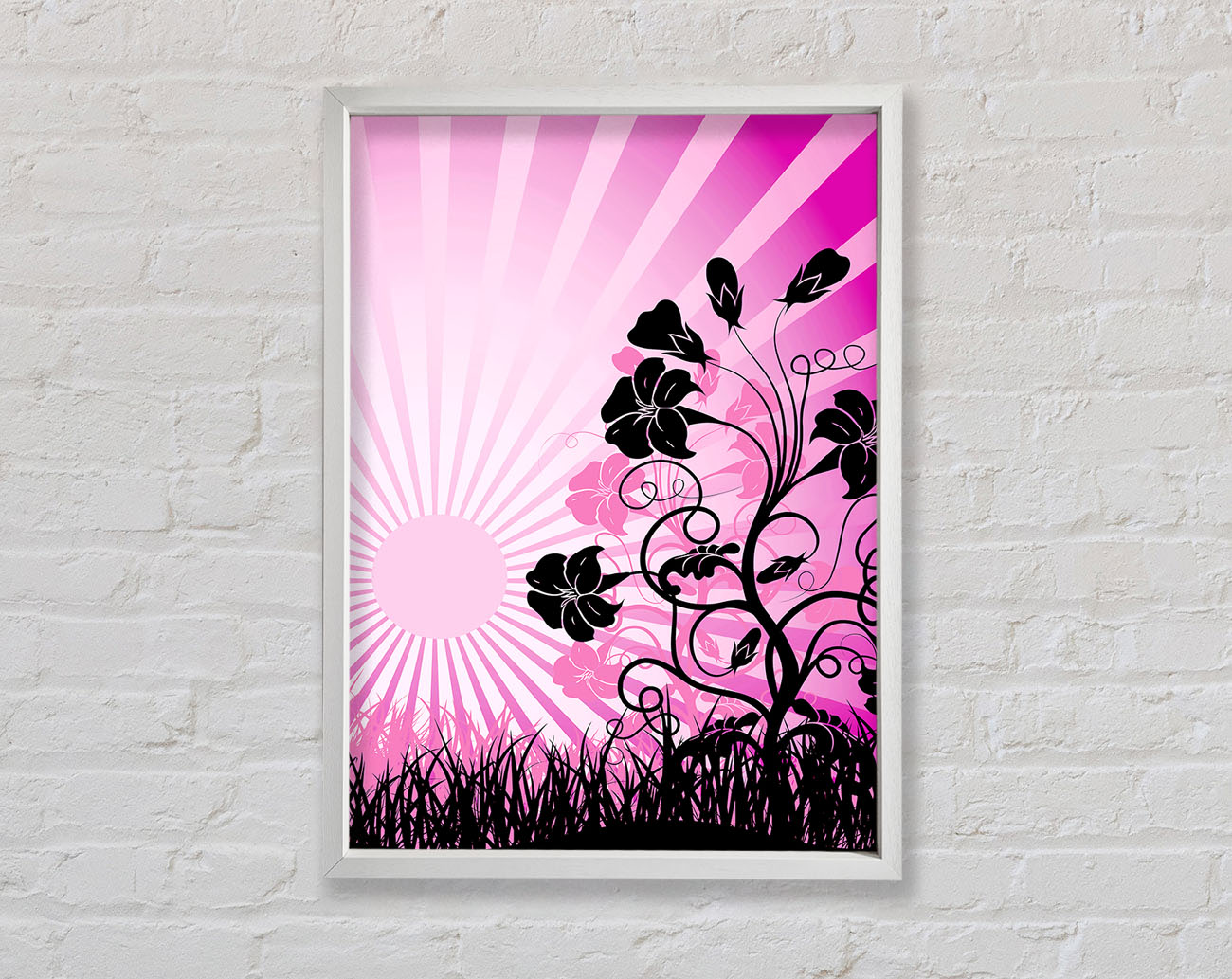 Black Flowers Pink Sunrays Framed Wall Art