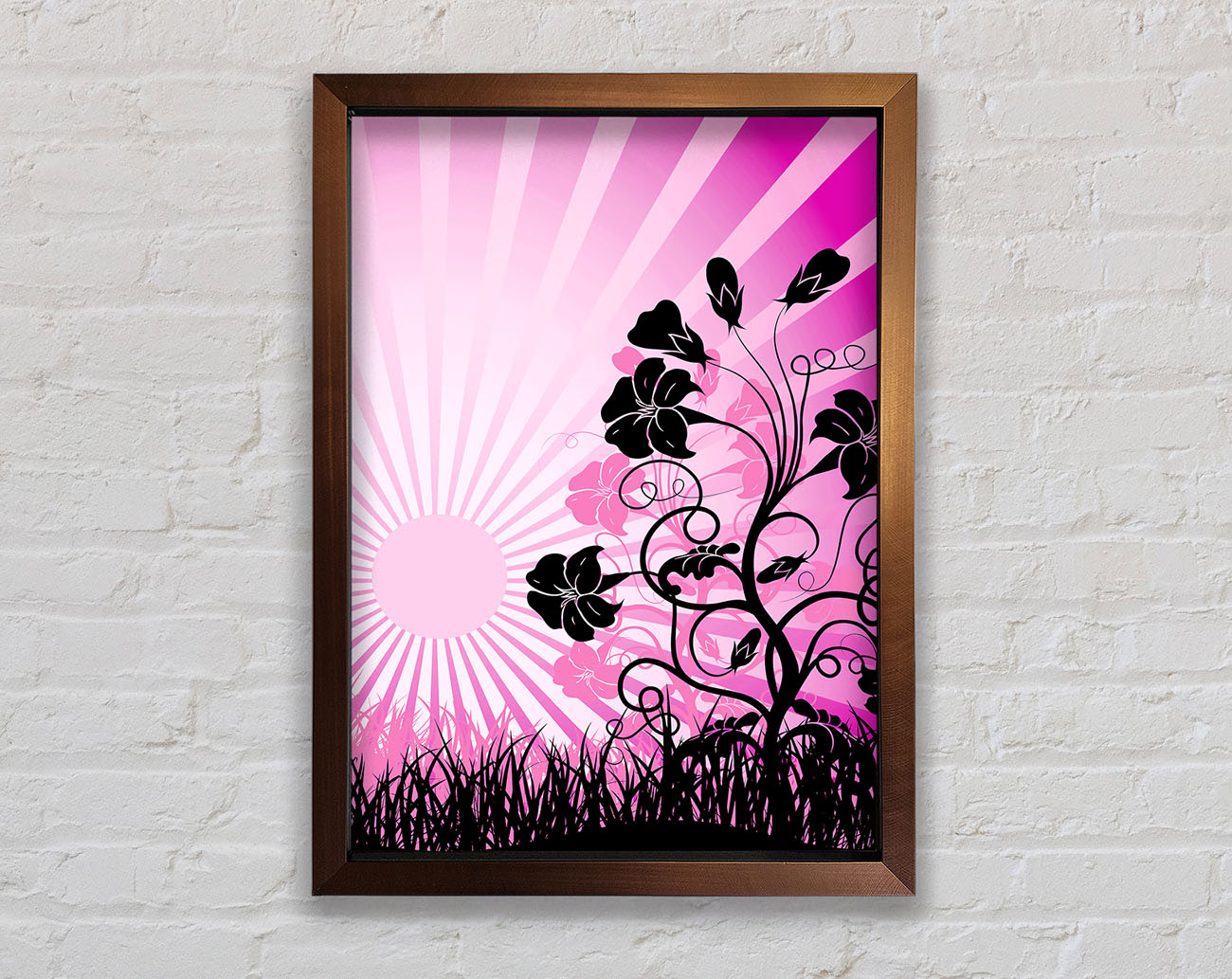 Black Flowers Pink Sunrays Framed Wall Art