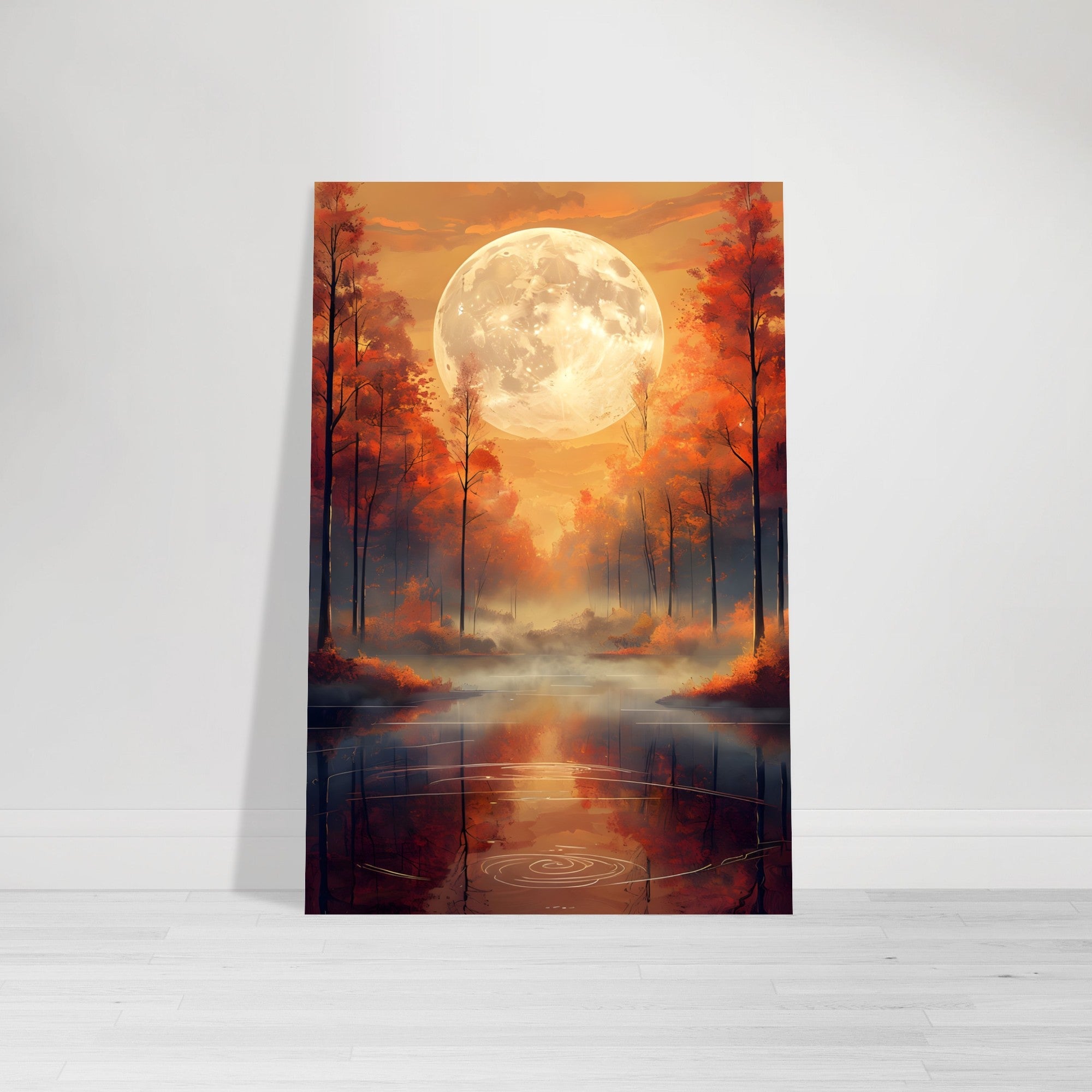 Experience the tranquility of nature with our "Serene Autumn Landscape with Luminous Full Moon" Art Poster