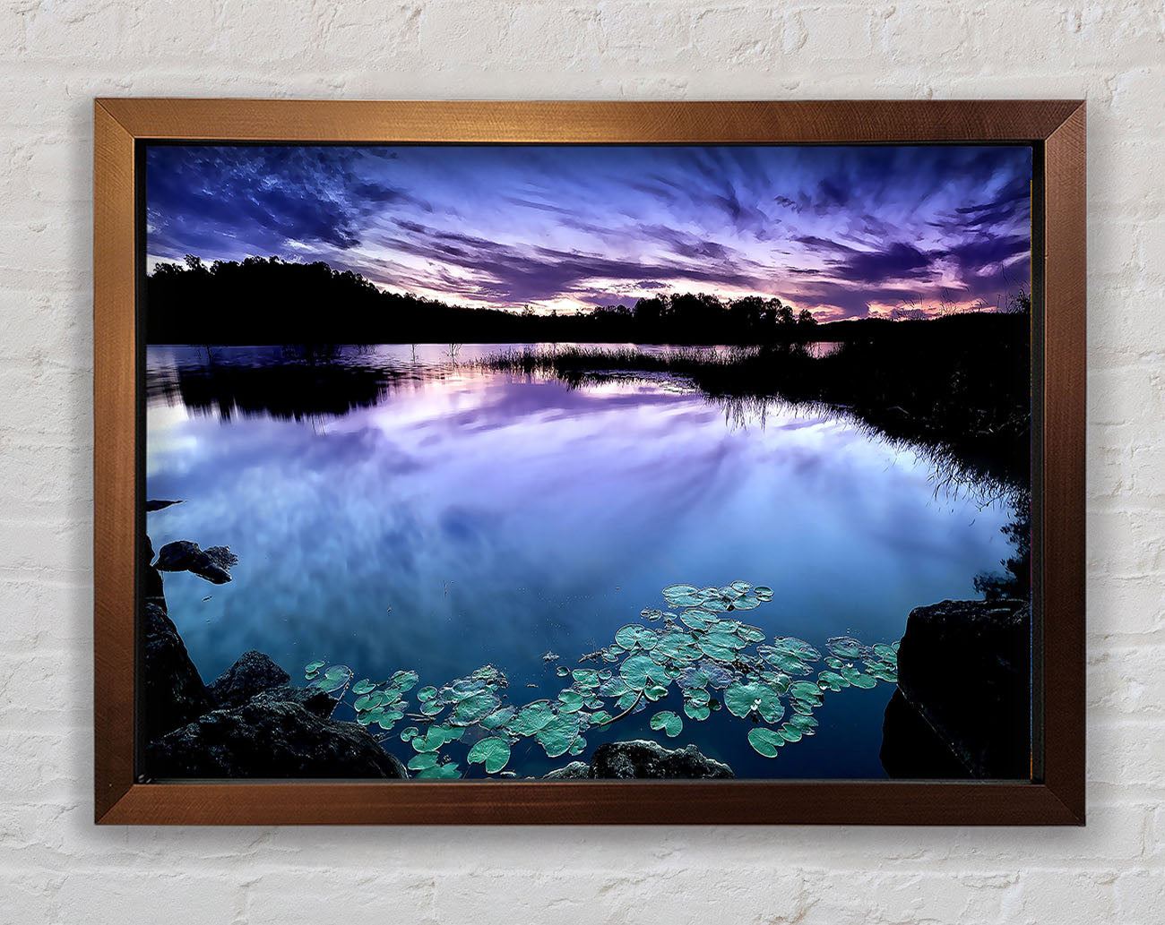 Calm Dusk Water Lily pads Framed Wall Art