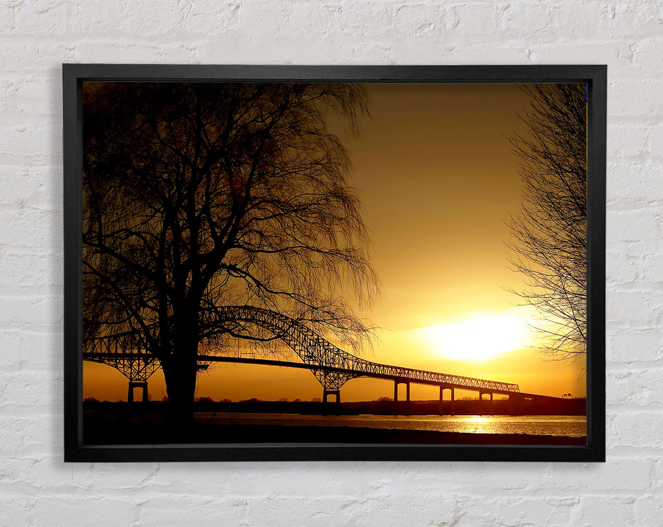 Bridge Over The Yellow Winter Lake Framed Wall Art