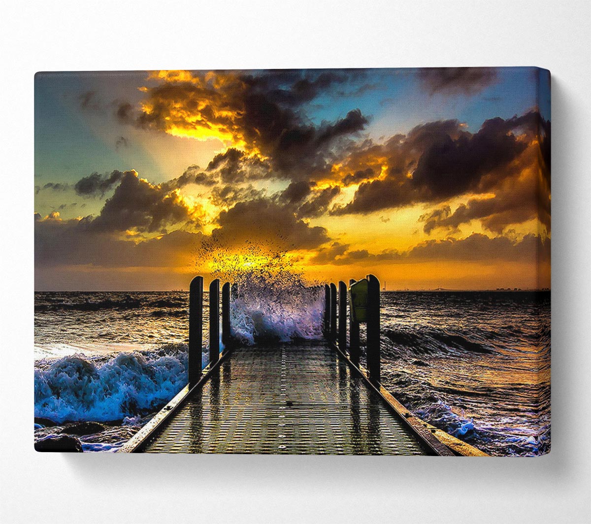 Waves Crashing On The Pier At Sunset Canvas Wall Art