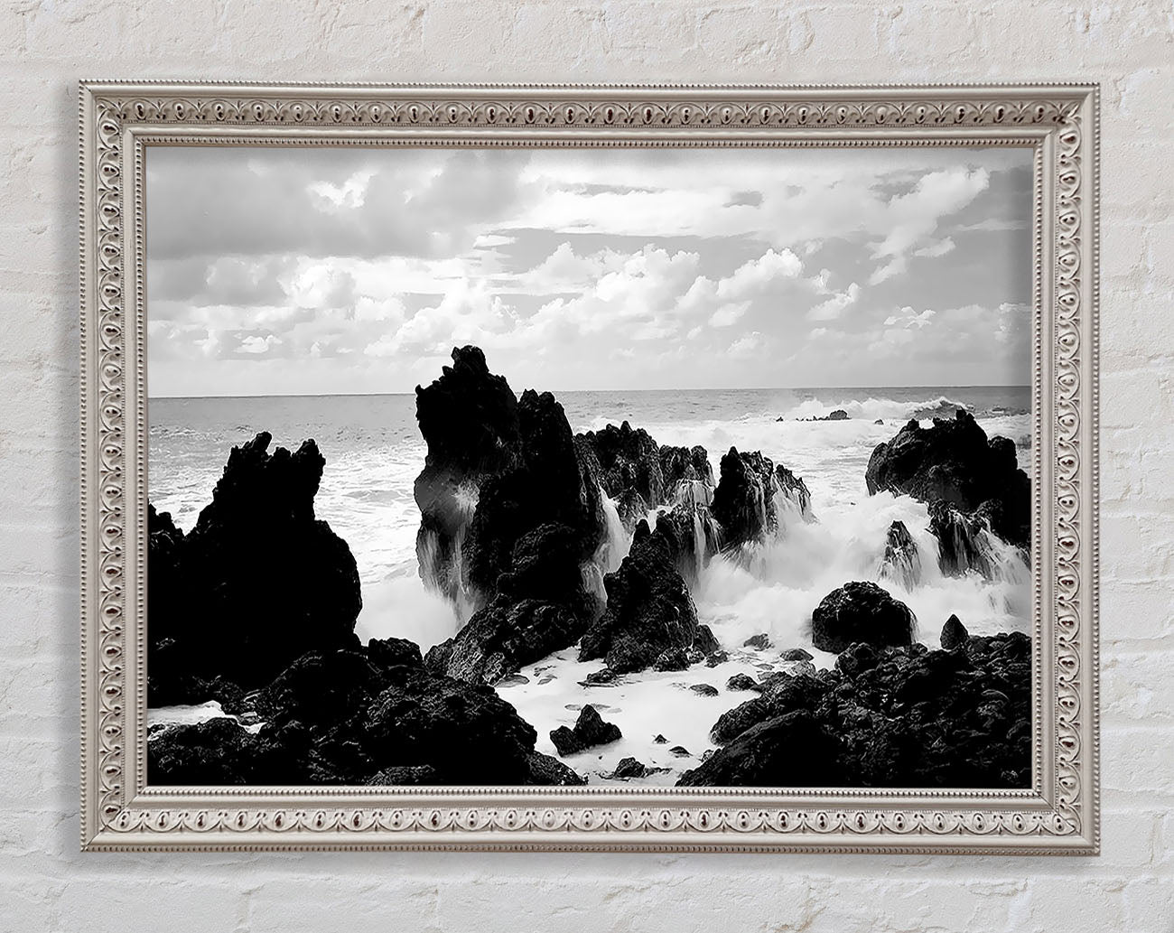 Crashing Waves Over Rocks B n W Framed Wall Art