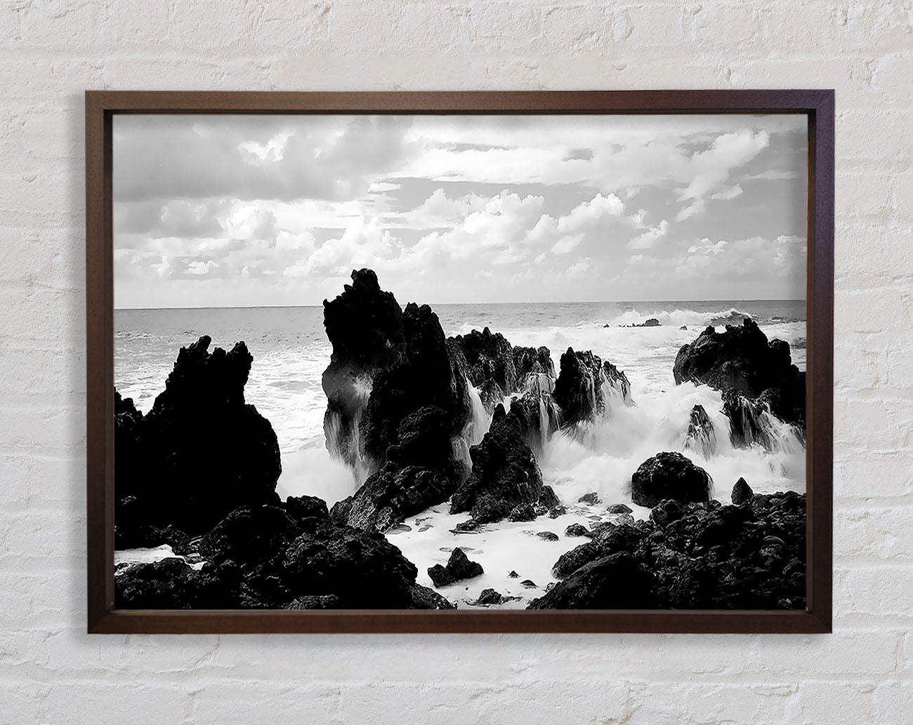 Crashing Waves Over Rocks B n W Framed Wall Art