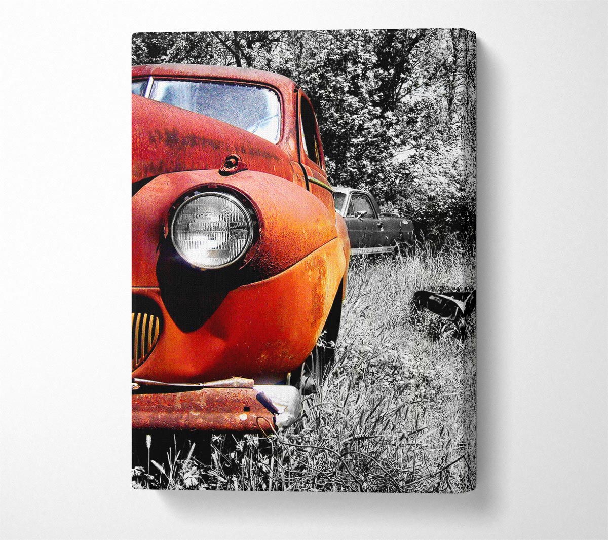 Old Banger Car In Field Canvas Wall Art
