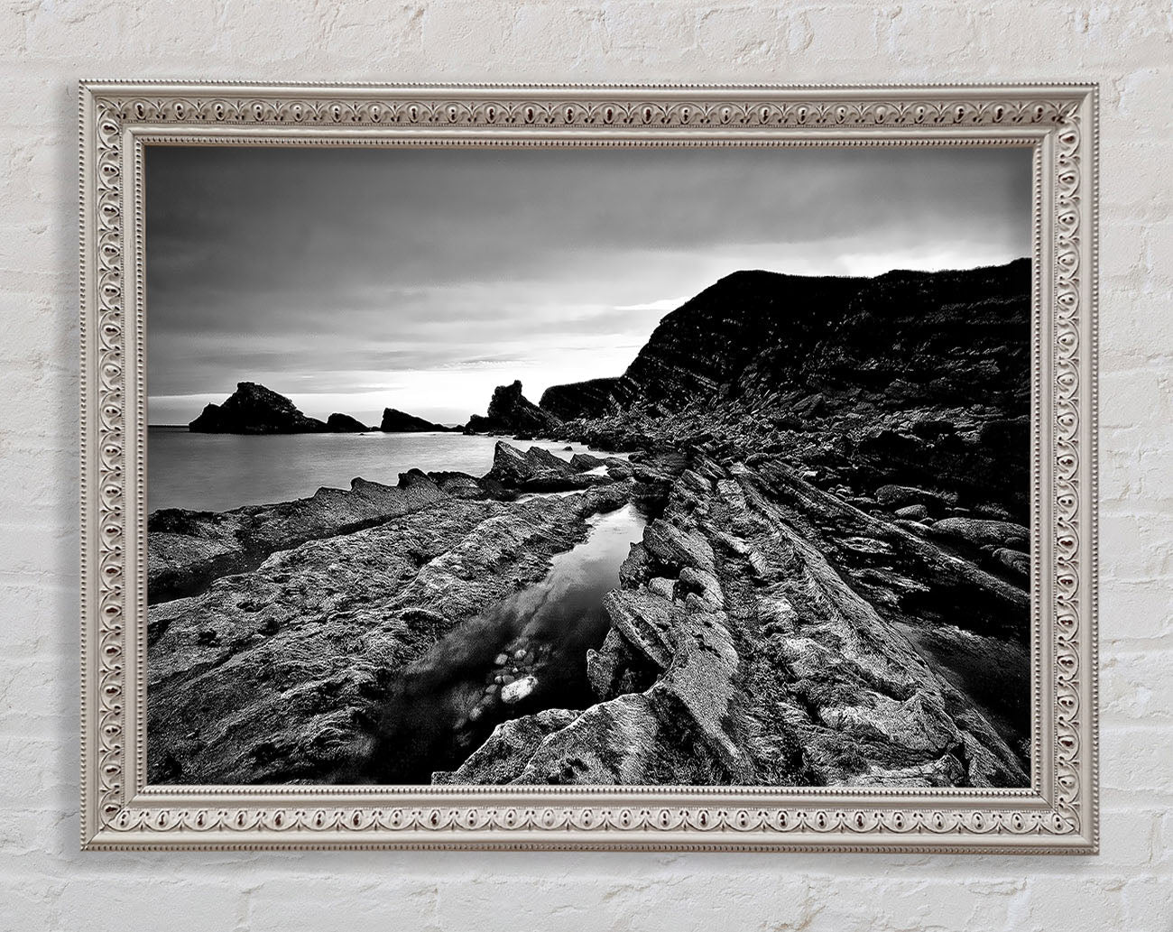 B n W Cliffs Around The Ocean Framed Wall Art