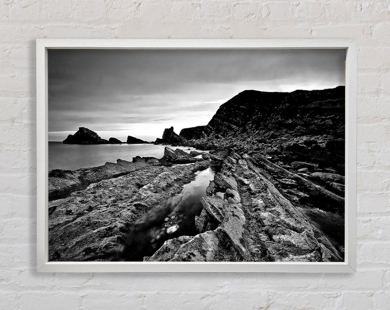 B n W Cliffs Around The Ocean Framed Wall Art