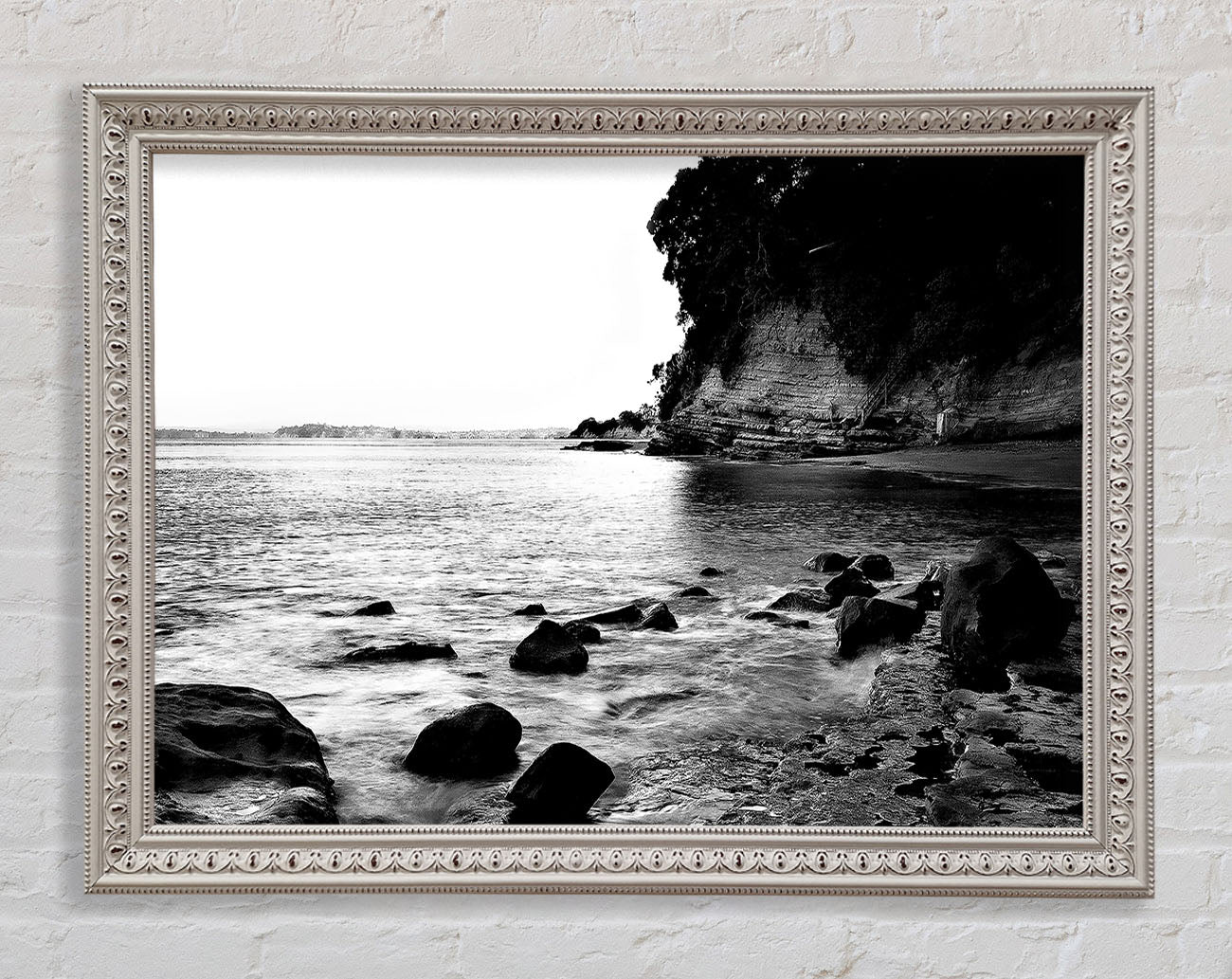 Black And White Sparkle Ocean Rocks Framed Wall Art