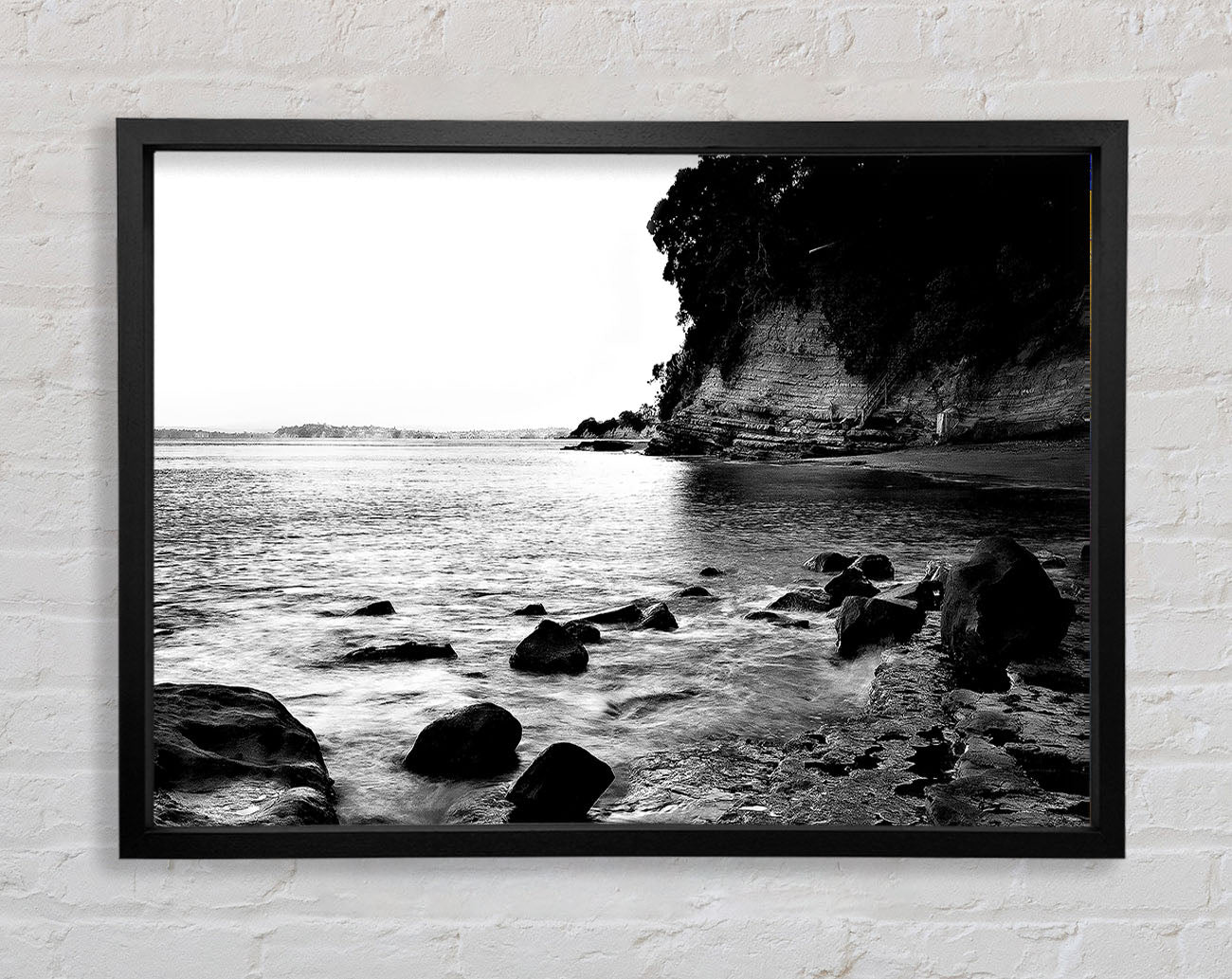 Black And White Sparkle Ocean Rocks Framed Wall Art