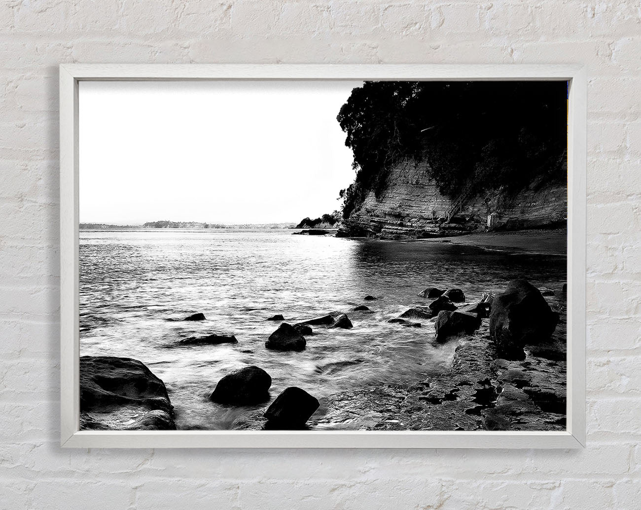 Black And White Sparkle Ocean Rocks Framed Wall Art