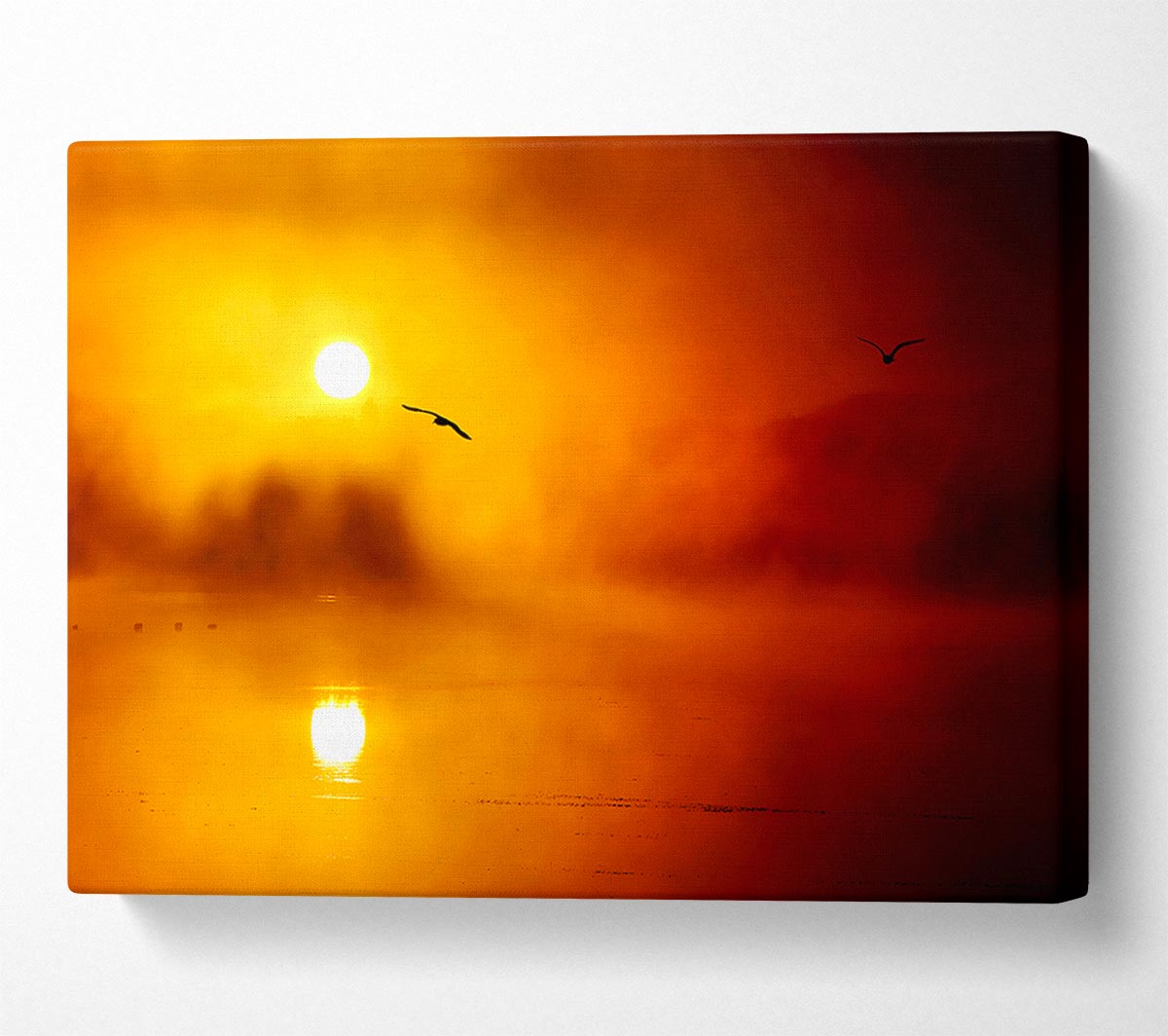 Birds Over The Golden Misty Lake Canvas Wall Art