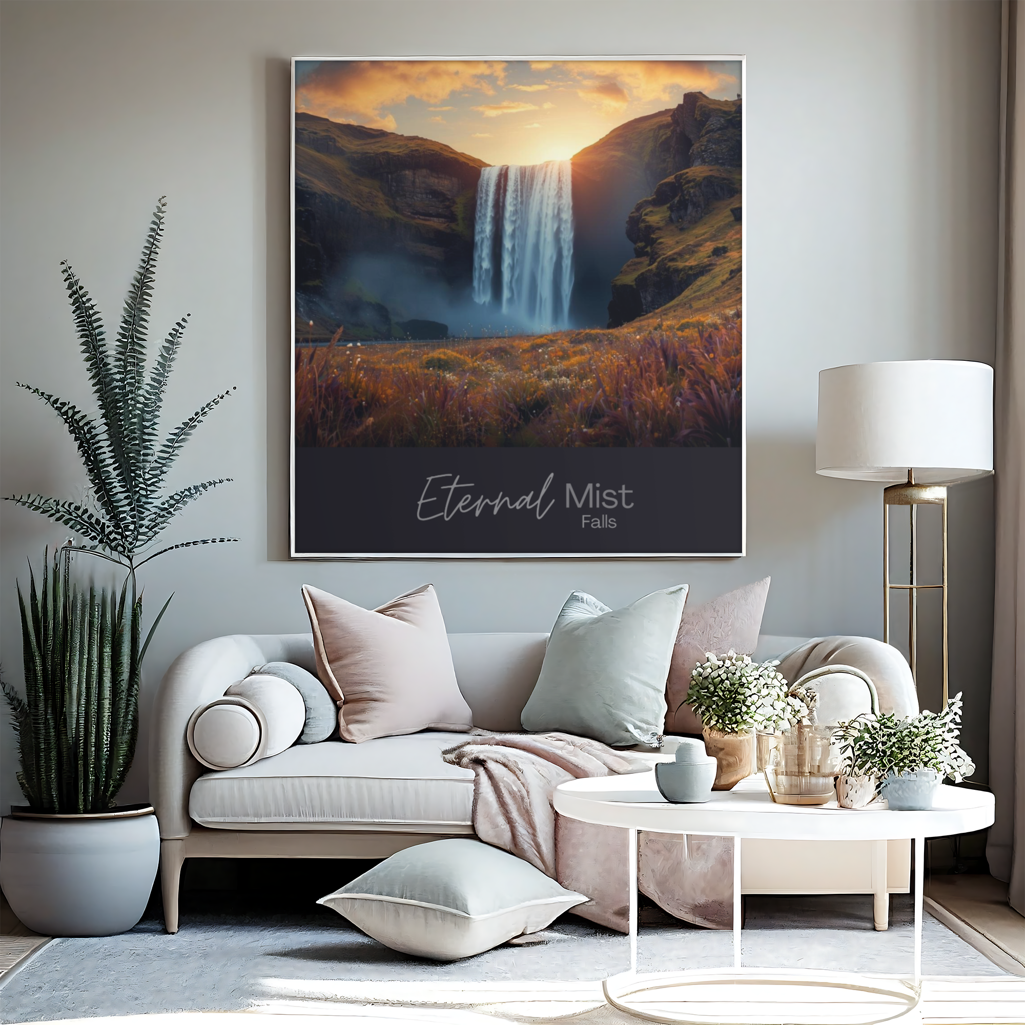 Eternal Mist Waterfall Poster | Sunset Landscape Wall Art | Modern Nature Decor
