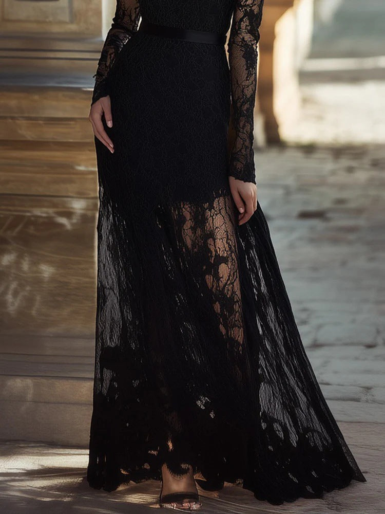 Women's Solid-color Hollow-out Vintage Stand-collar Long-sleeve Lace Maxi Dress With A Fitted Waist