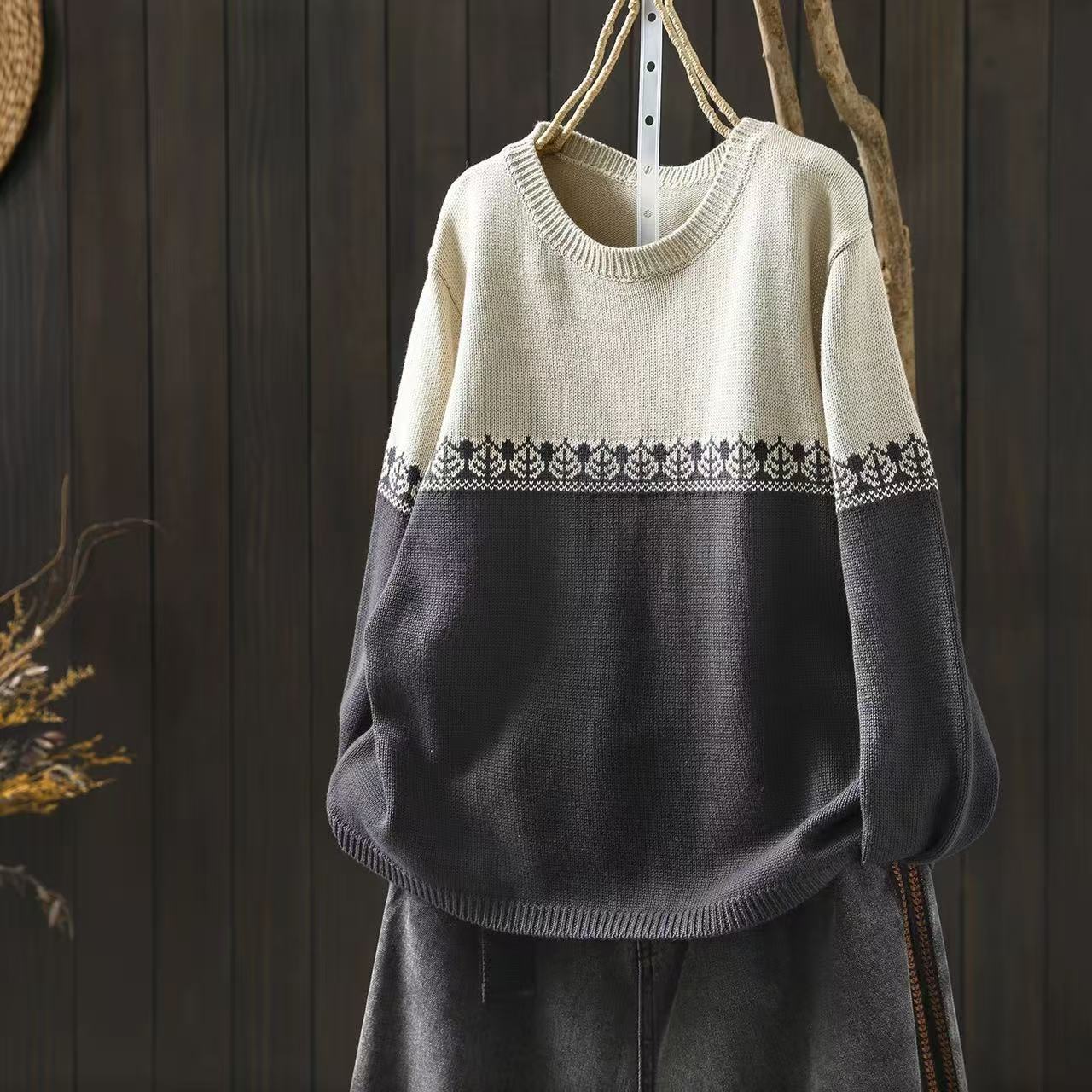 Crew-neck Preppy-style Cotton Knit Sweater Loose And Casual