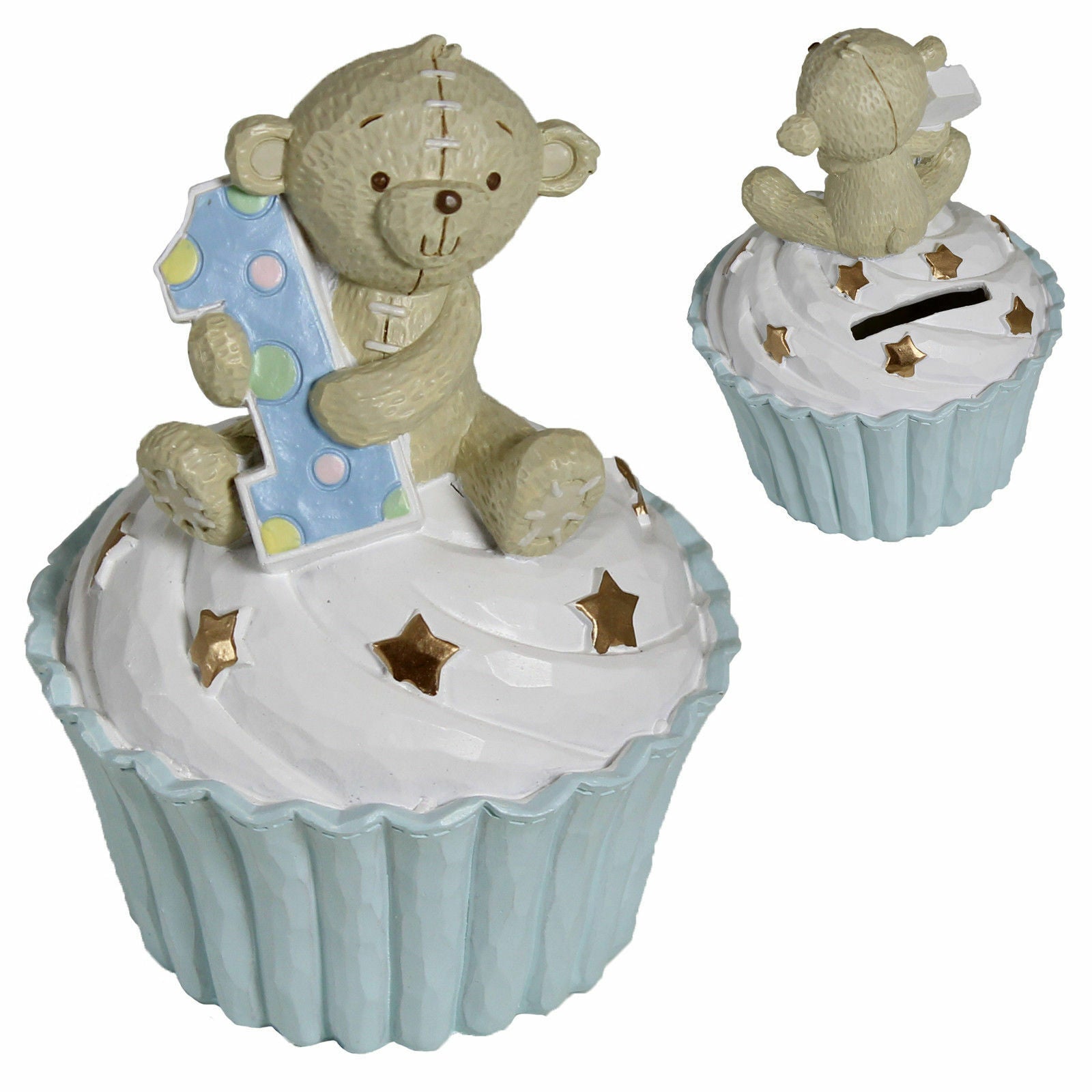 Button Corner 1st Birthday Teddy on Cup Cake Money Bank Blue