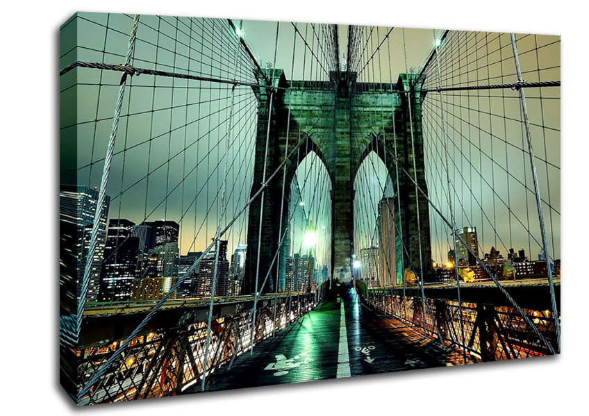 Brooklyn Bridge At Night Green Glow Canvas Wall Art