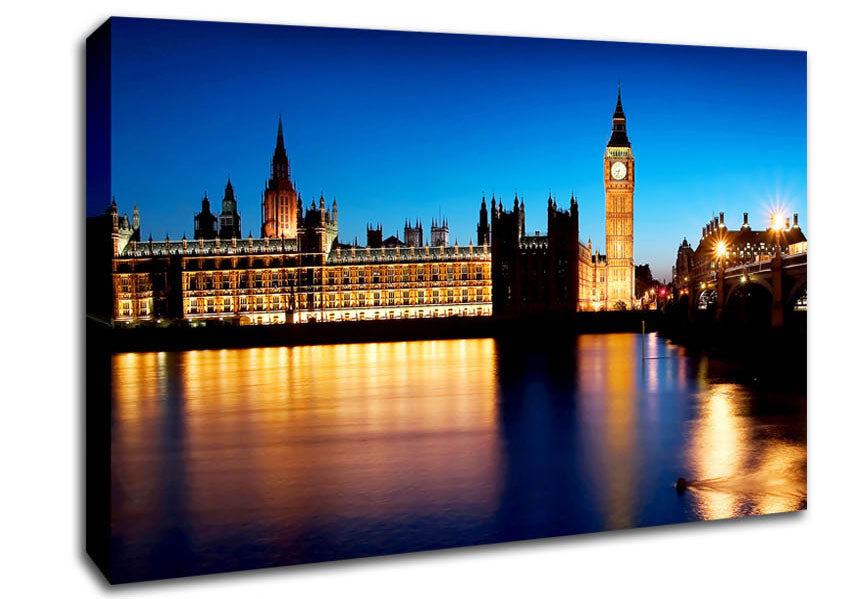 London Houses Of Parliament Night Reflections Canvas Wall Art