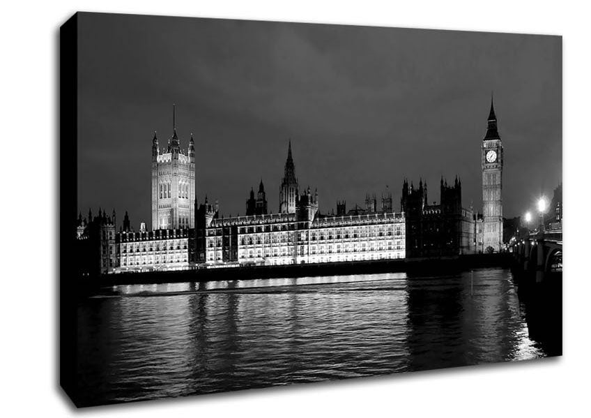 London Thames Houses Of Parliament B n W Night Canvas Wall Art