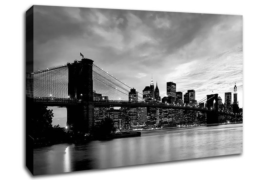 NYC Brooklyn Bridge B n W Cloudy Night Canvas Wall Art