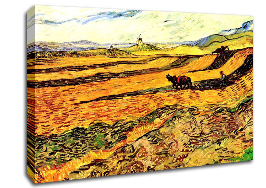 Van Gogh Field With Ploughman And Mill Canvas Wall Art