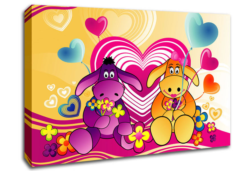 Donkeys And Hearts Celebration White Canvas Wall Art
