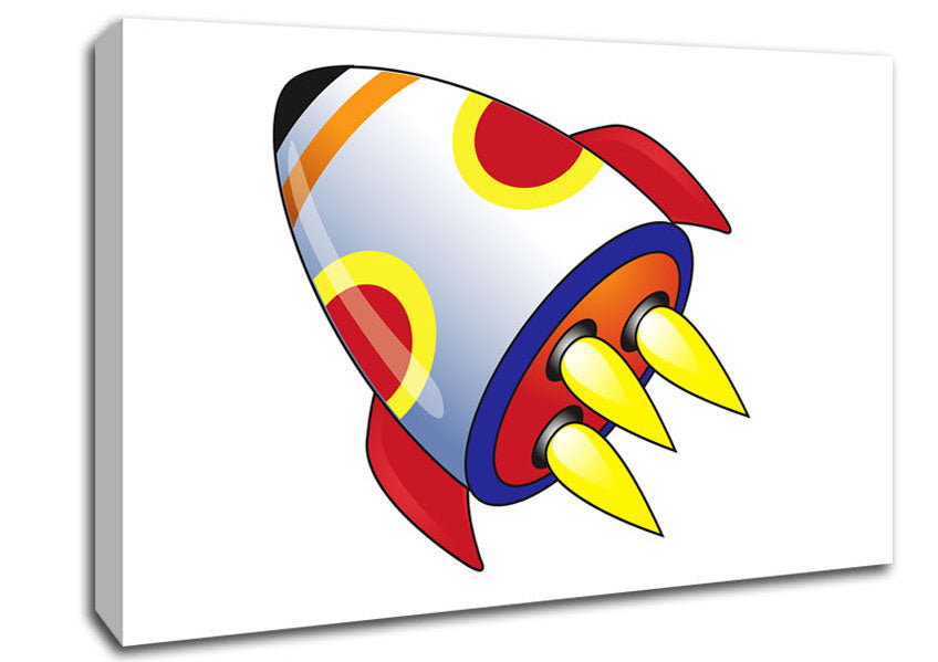 Flying Rocket Ship White Canvas Wall Art