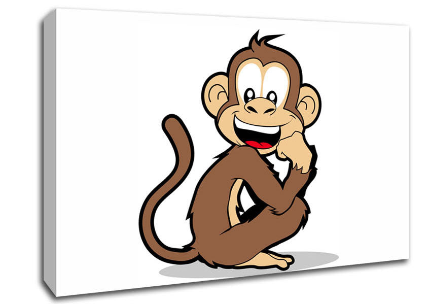 Sitting Monkey Smiling White Canvas Wall Art