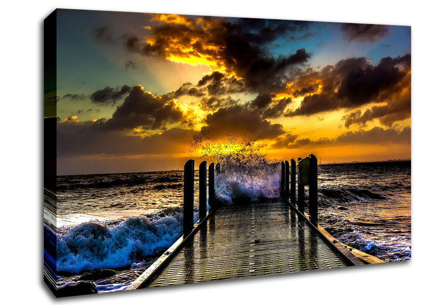Waves Crashing On The Pier At Sunset Canvas Wall Art