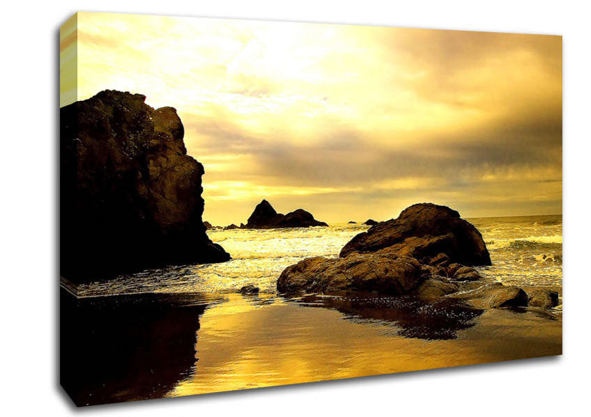 Rocky Beach At Yellow Dawn Canvas Wall Art