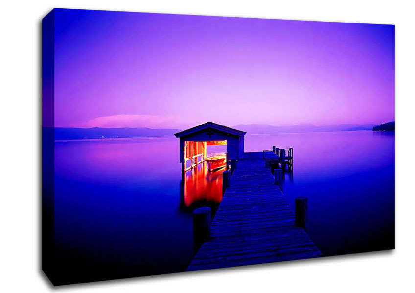 Tranquil Lake Boat House Purple Canvas Wall Art