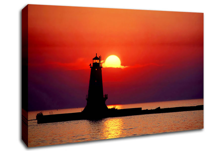 Lighthouse Sunset Red Canvas Wall Art