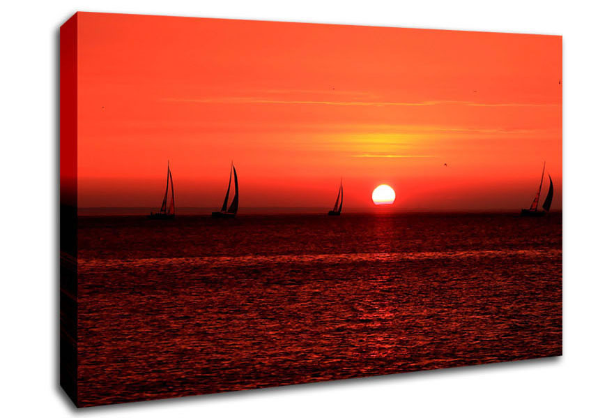 Sunset Boats In The Ocean Canvas Wall Art
