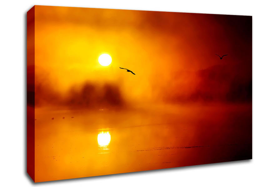 Birds Over The Golden Misty Lake Canvas Wall Art