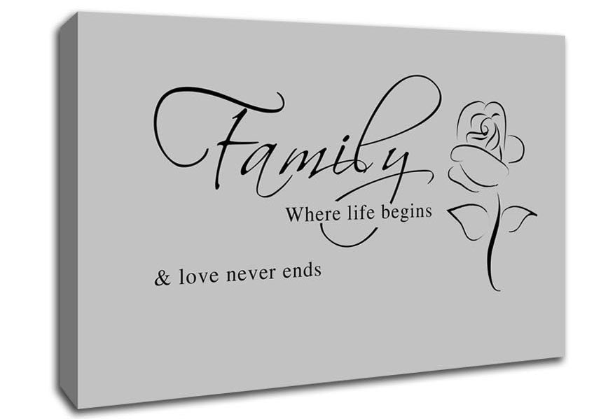 Family Quote Family Where Life Begins 1 Grey Canvas Wall Art