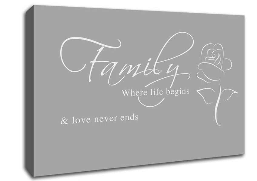 Family Quote Family Where Life Begins 1 Grey White Canvas Wall Art