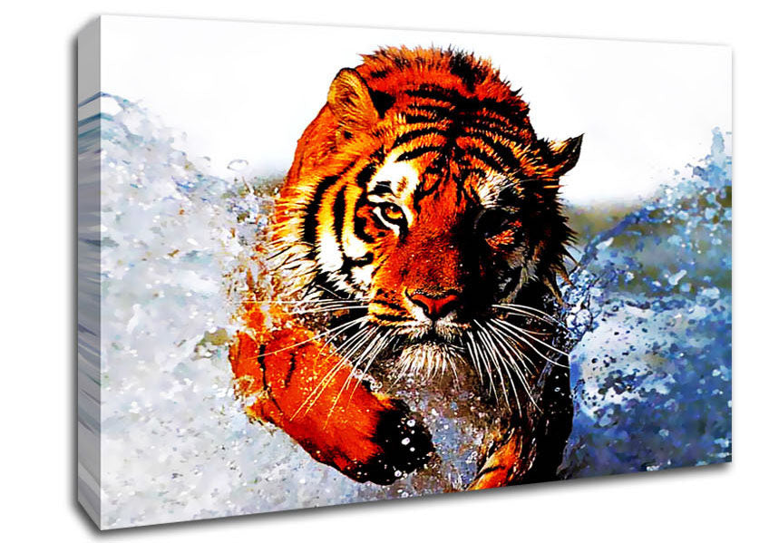 Tiger Running In Water Canvas Wall Art