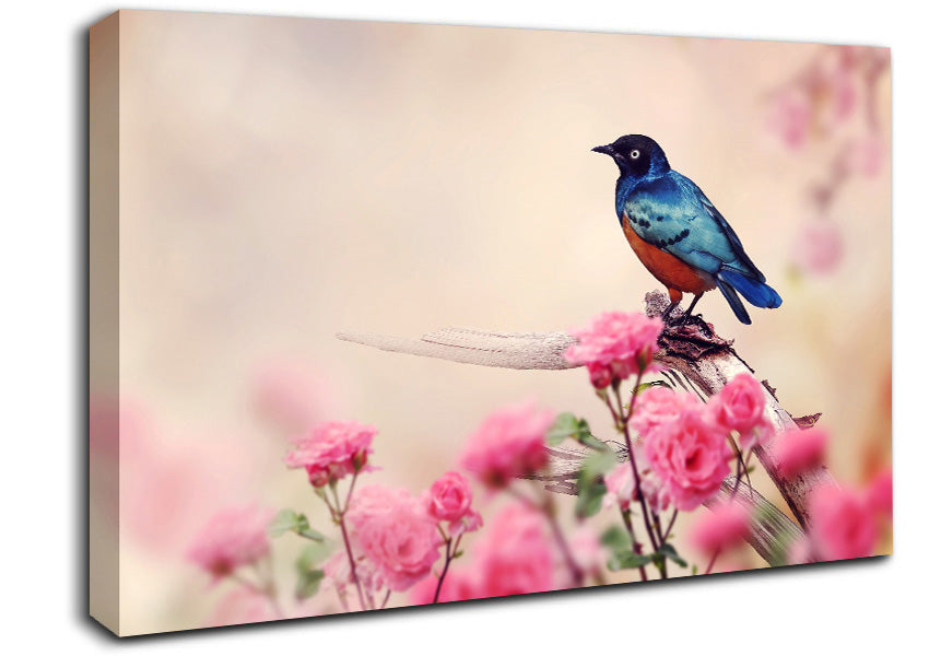 Blue Bird In The Cherry Blossom Canvas Wall Art