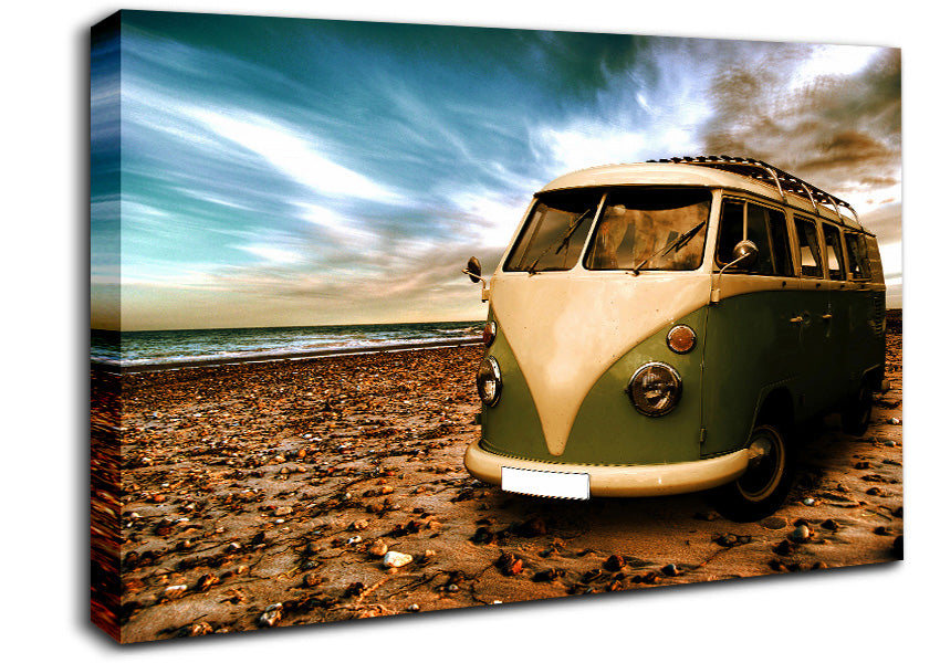 VW Camper Van Green Canvas Wall Art
