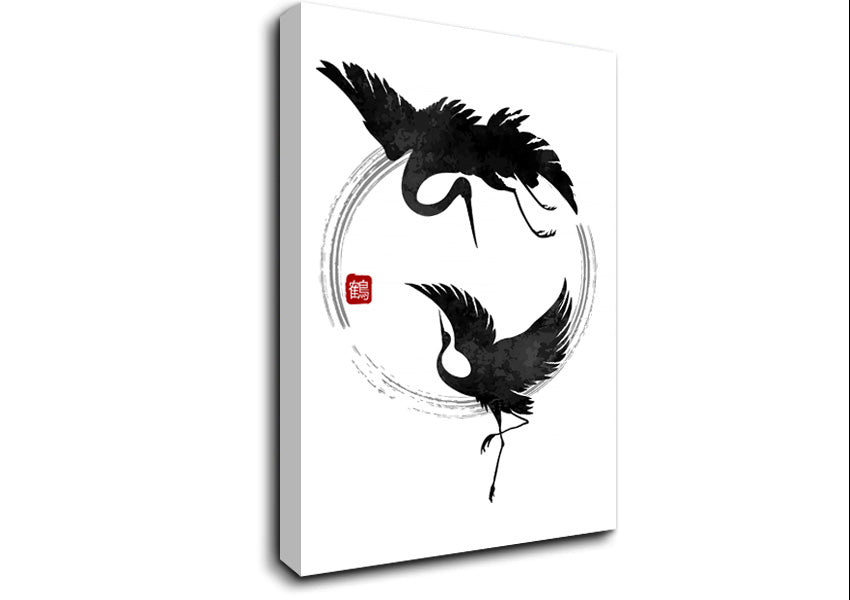 Japanese Cranes In The Circle Of Life Canvas Wall Art
