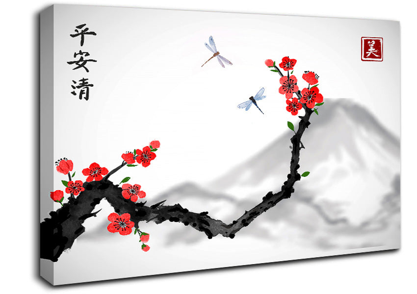 Chinese Cherry Blossom Mountains Canvas Wall Art