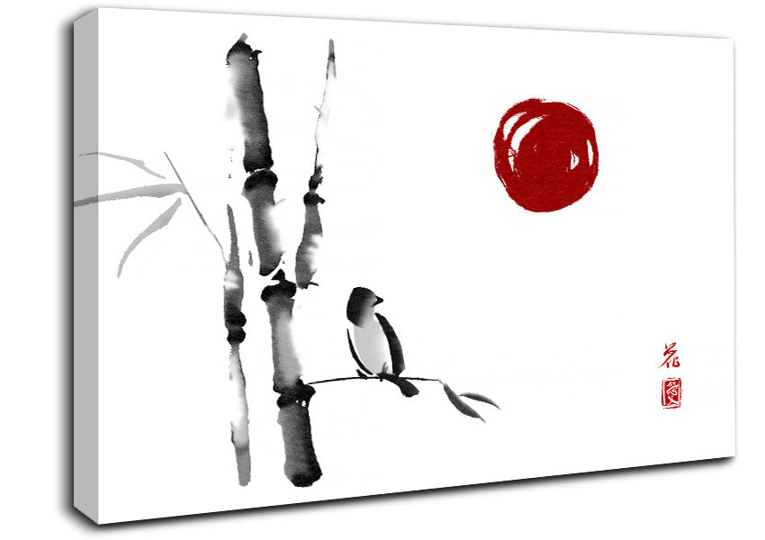 Japanese Bamboo Bird In The Red Sun Canvas Wall Art