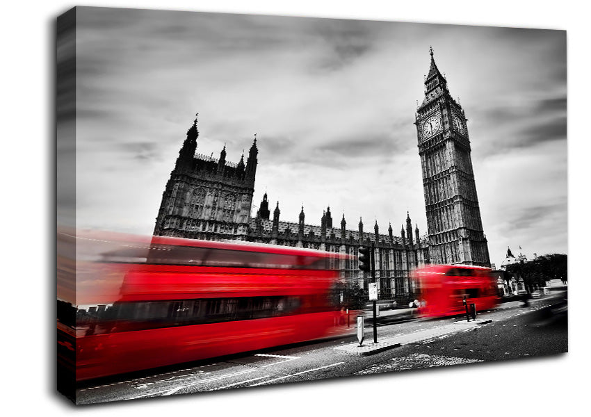 Houses Of Parliament Red Bus Blur Canvas Wall Art