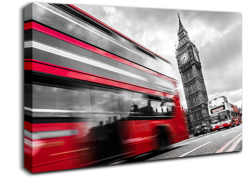 Iconic Red Bus Passed Big Ben Canvas Wall Art